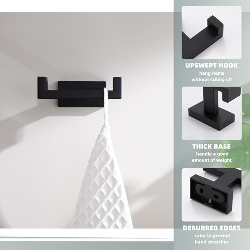 Suyar Matte Black Double Towel Hook, SUS 304 Stainless Steel Bathroom Coat Robe Hook, Hand Towel Holder for Wall - Image 4