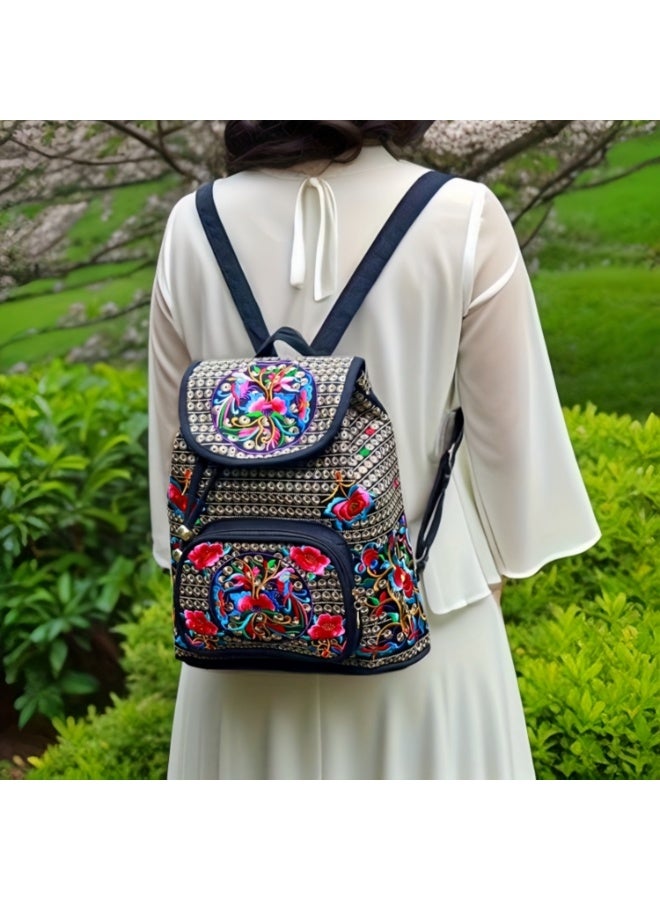 Women's Floral Embroidered Canvas Backpack with Adjustable Straps, 32x26x16cm - Image 2