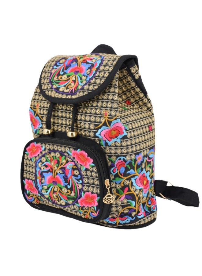Women's Floral Embroidered Canvas Backpack with Adjustable Straps, 32x26x16cm - Image 1