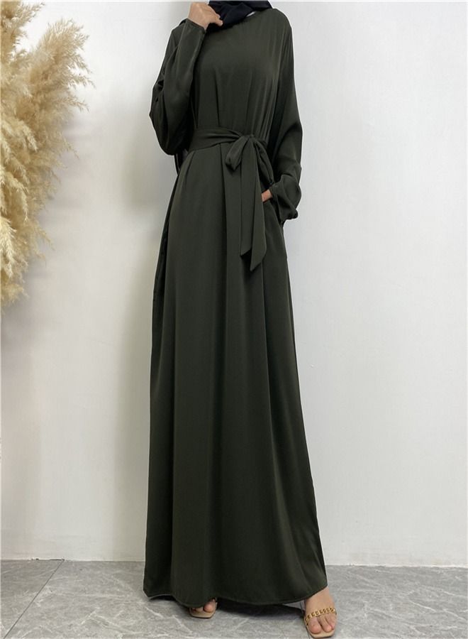 Loquat Lace-Up Pocket Muss Solid Color Dress Abaya Army Green  - Image 1
