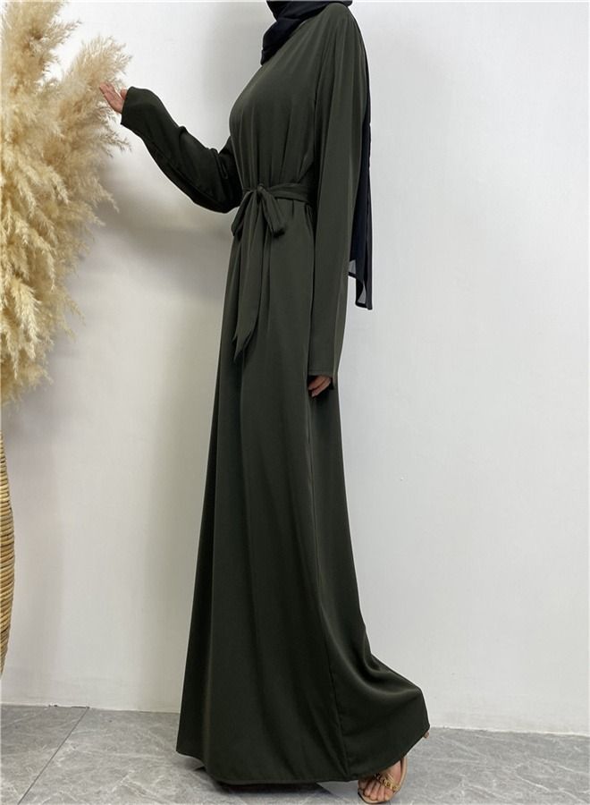Loquat Lace-Up Pocket Muss Solid Color Dress Abaya Army Green  - Image 3