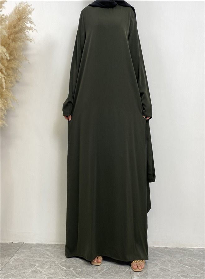 Loquat Lace-Up Pocket Muss Solid Color Dress Abaya Army Green  - Image 2