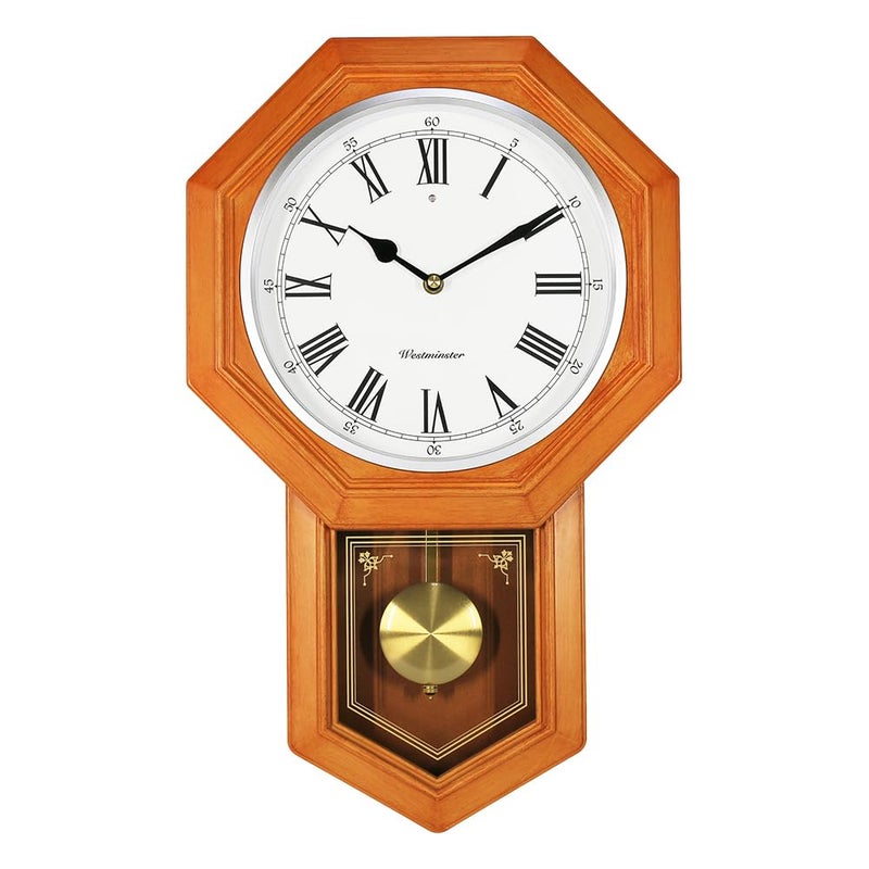 BESTIME 66236A Plastic Pendulum Clock Wood Grain ColorSturdy FrameWestminster Chime Every HourElegantTraditional SchoolhouseHomeOfficeLiving RoomBedroom