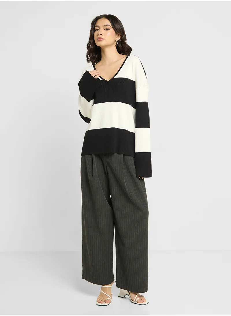 4th & Reckless Stripped V-Neck Sweater
