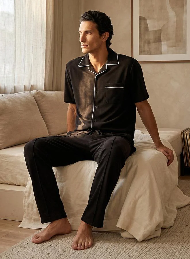 Cotton Piping Detail Button Front Nightwear Set