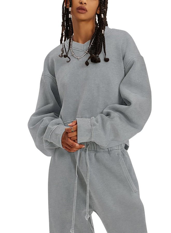 Flygo Women Sweat Set Sweatsuit Fleece 2 Piece Joggers Tracksuit Outfits Crop Sweatshirt Sweatpants Sets(GreyHeather-S) - Image 1