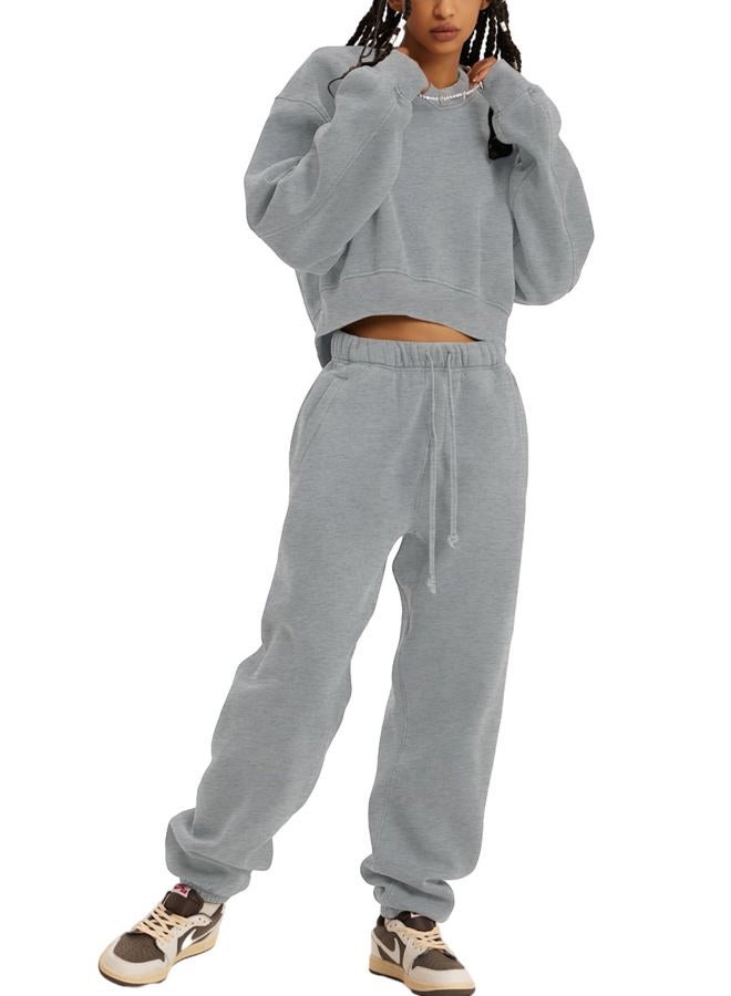 Flygo Women Sweat Set Sweatsuit Fleece 2 Piece Joggers Tracksuit Outfits Crop Sweatshirt Sweatpants Sets(GreyHeather-S) - Image 3
