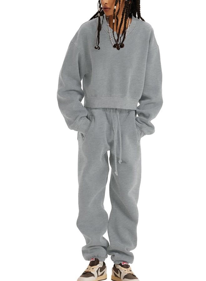 Flygo Women Sweat Set Sweatsuit Fleece 2 Piece Joggers Tracksuit Outfits Crop Sweatshirt Sweatpants Sets(GreyHeather-S) - Image 4