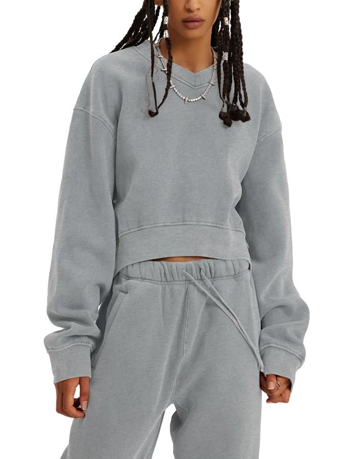 Flygo Women Sweat Set Sweatsuit Fleece 2 Piece Joggers Tracksuit Outfits Crop Sweatshirt Sweatpants Sets(GreyHeather-S) - Image 2