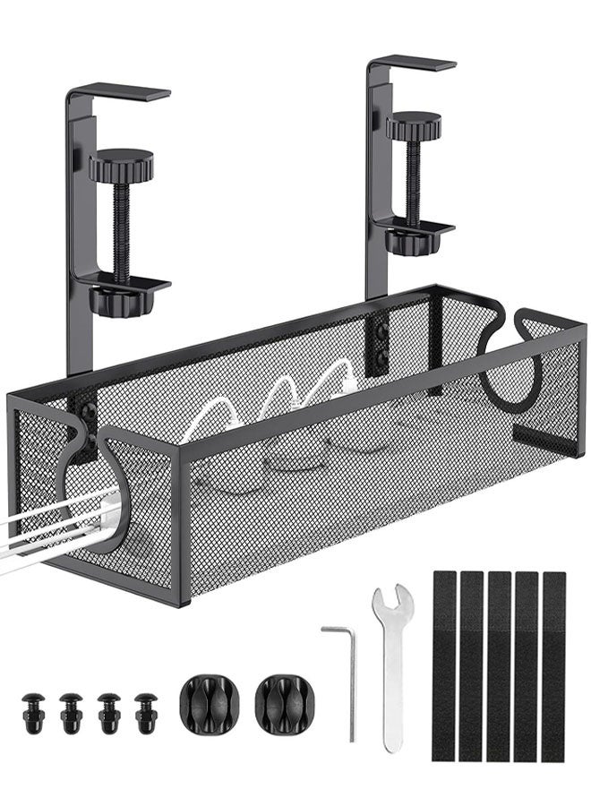 Under Desk Cable Management Tray, Metal No-Drill Mesh Table Cable Basket for Managing Cables and Power Strips, No Screws Tidy Box Wire Organiser for Home, Office - Image 1