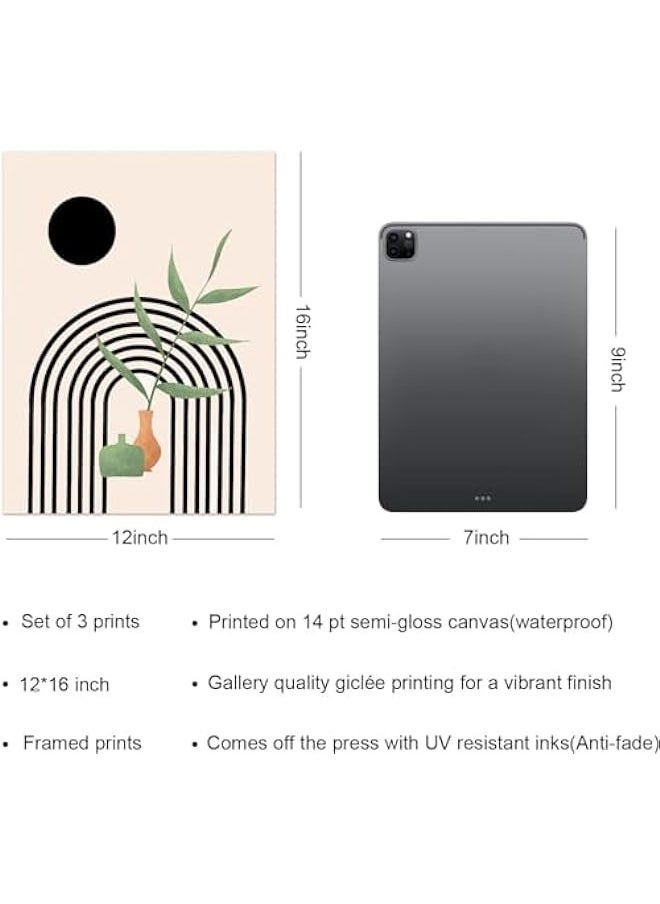 MIXDE Set of 3 Boho Wall Art Canvas Prints for Mid Century Modern Decor in Living Room - Minimalist Black Beige Neutral Abstract Geometric Design - Ready to Hang, 12x16in Framed  - Image 3