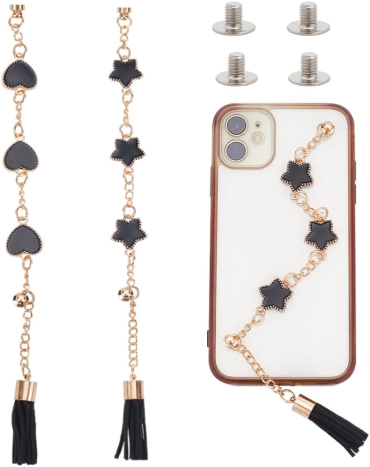 klarako 2 Style Phone Charms Chain with Heart Pendant, 2pcs Phone Pendant Lanyard Enamel Star Phone Case Chain Tassel Drop Phone Grip Holder for DIY Phone Case Decoration Accessory, 6.8Inch - Image 1