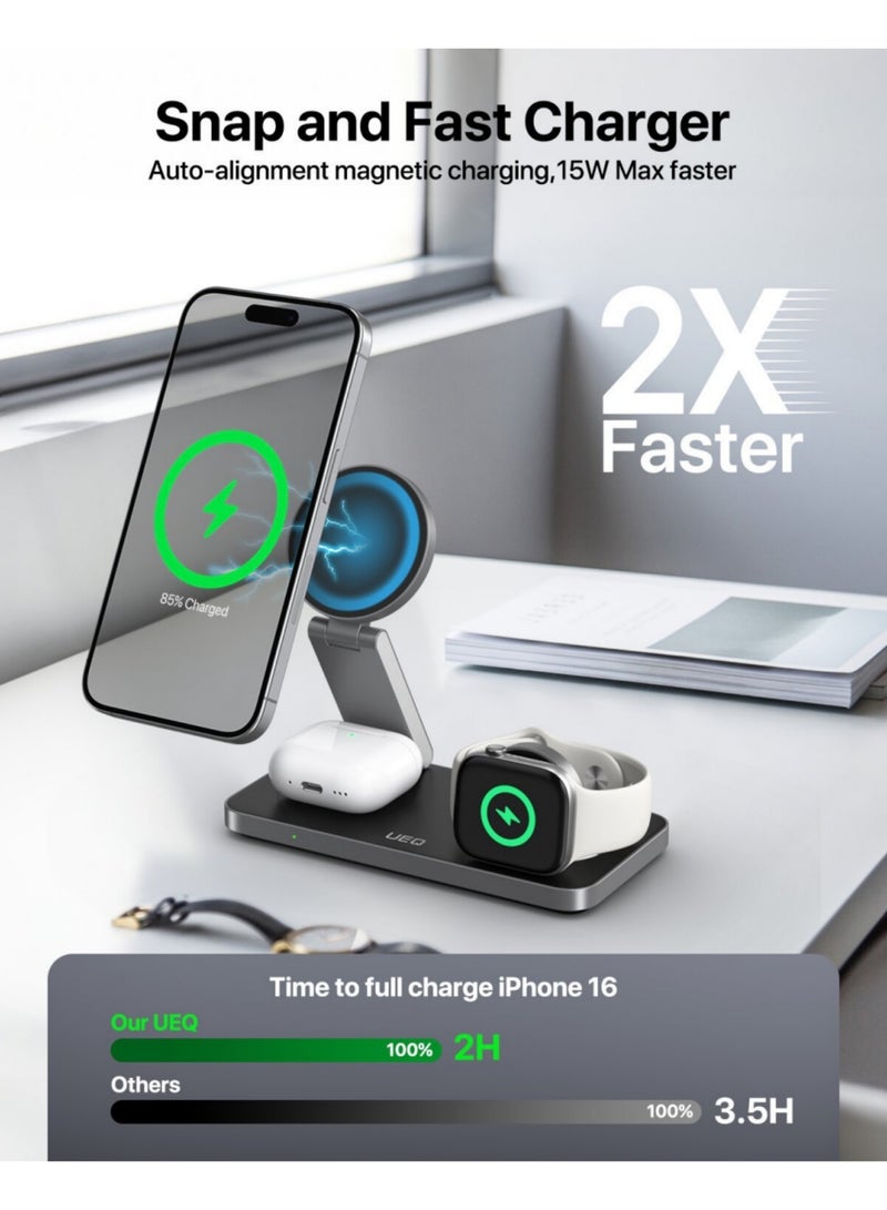Adando Foldable 3 in 1 Wireless Charging Station for Apple Compatible with Magsafe Charger Stand, Magnetic Wireless Charger Station for IPhone 16 15 14 13 12 Series, Airpods Pro, Apple Watch (Black) - Image 2