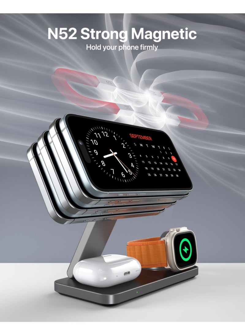 Adando Foldable 3 in 1 Wireless Charging Station for Apple Compatible with Magsafe Charger Stand, Magnetic Wireless Charger Station for IPhone 16 15 14 13 12 Series, Airpods Pro, Apple Watch (Black) - Image 4