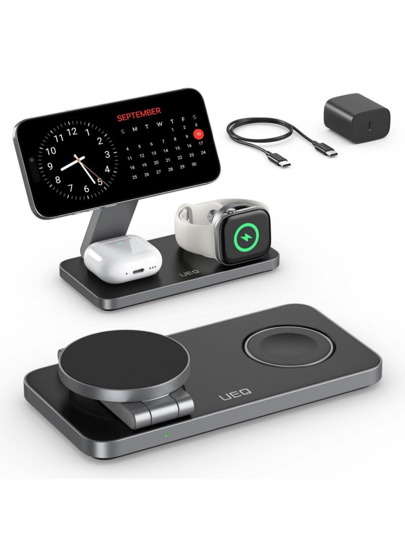 Adando Foldable 3 in 1 Wireless Charging Station for Apple Compatible with Magsafe Charger Stand, Magnetic Wireless Charger Station for IPhone 16 15 14 13 12 Series, Airpods Pro, Apple Watch (Black) - Image 1