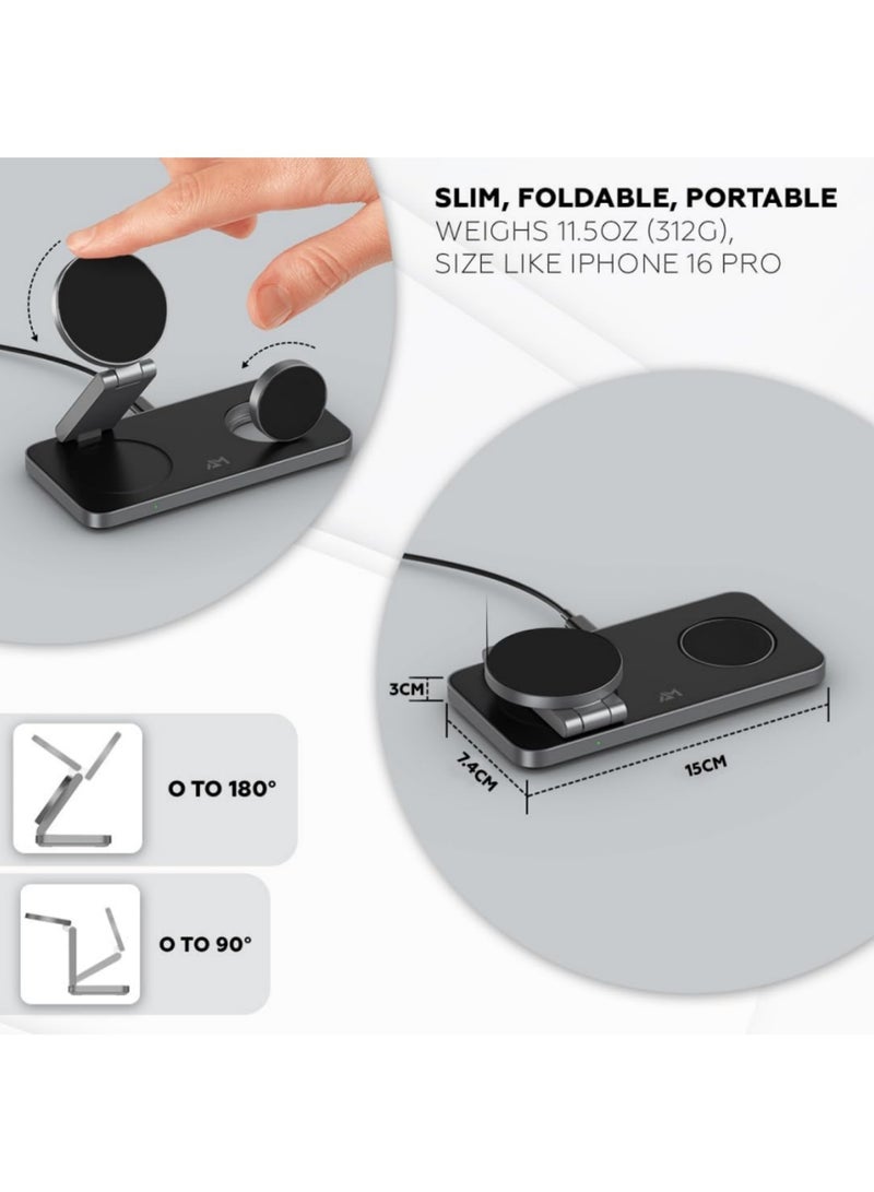 Adando Foldable 3 in 1 Wireless Charging Station for Apple Compatible with Magsafe Charger Stand, Magnetic Wireless Charger Station for IPhone 16 15 14 13 12 Series, Airpods Pro, Apple Watch (Black) - Image 3