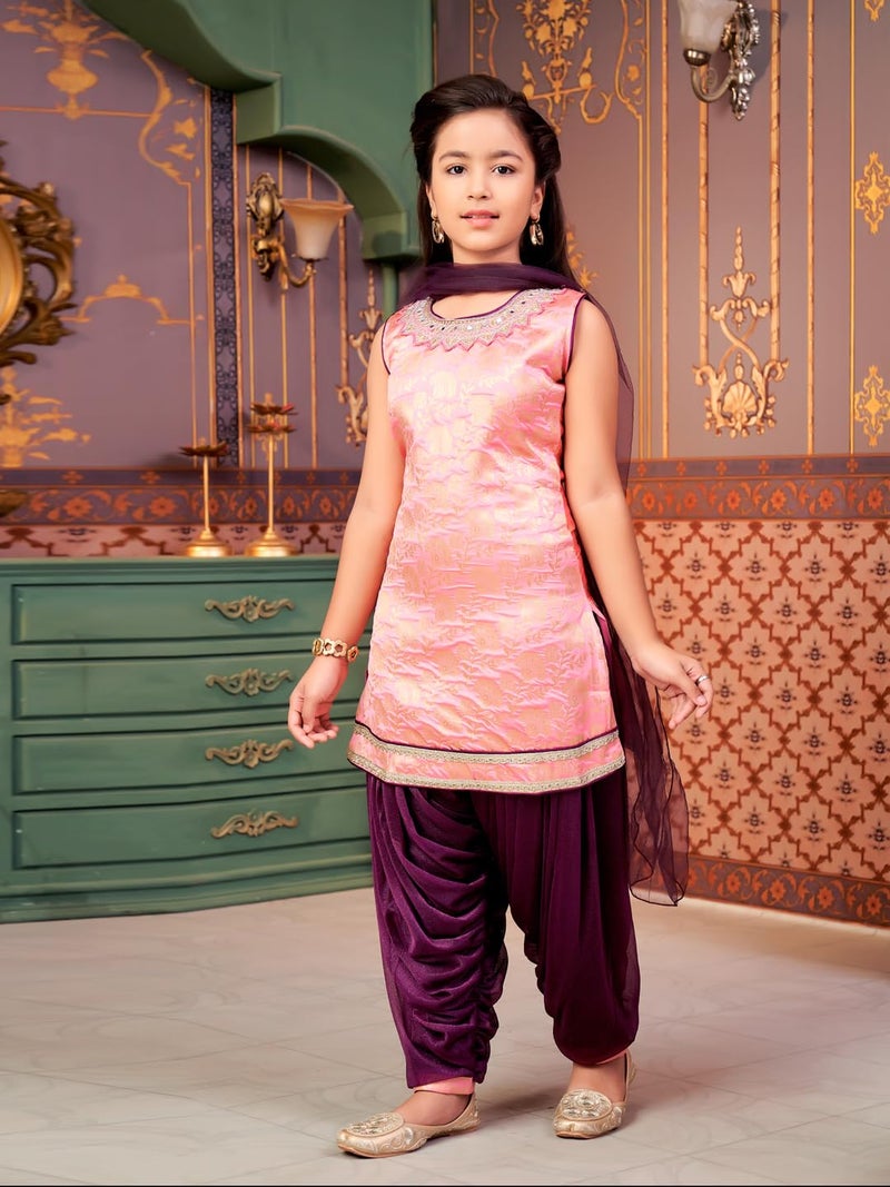 aarikka Aarika Girls Ethnic Wear Pink-Purple Colour Mirror Embroidery Brocade Kurti Patiala Set With Dupatta-5-13 Years (PT-18138) - Image 3