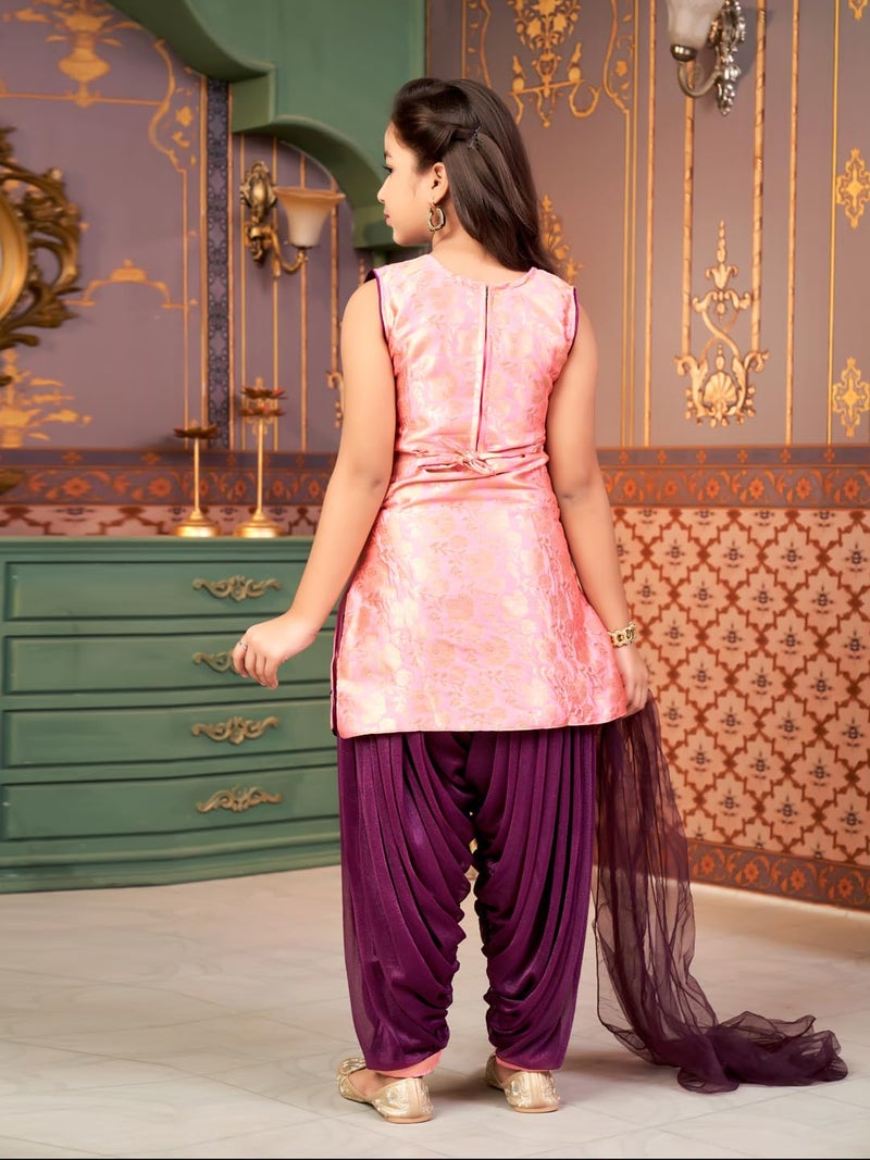 aarikka Aarika Girls Ethnic Wear Pink-Purple Colour Mirror Embroidery Brocade Kurti Patiala Set With Dupatta-5-13 Years (PT-18138) - Image 4