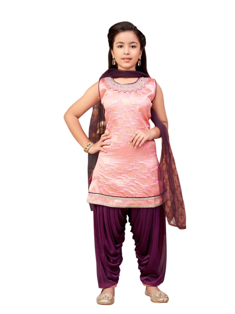 aarikka Aarika Girls Ethnic Wear Pink-Purple Colour Mirror Embroidery Brocade Kurti Patiala Set With Dupatta-5-13 Years (PT-18138) - Image 1