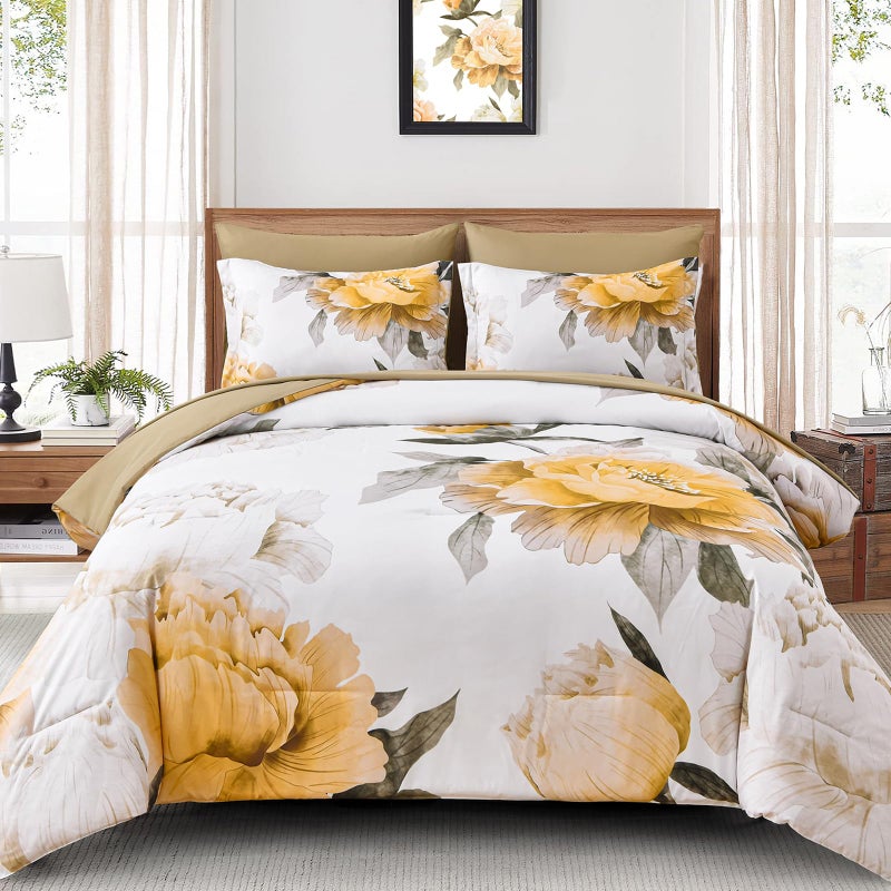 Dobuyly Yellow Comforter Set Queen Size 7 Piece Bed in a Bag, Yellow Floral Comforter Set with Sheets, Soft Microfiber Botanical Complete Bedding Set for All Season - Image 1