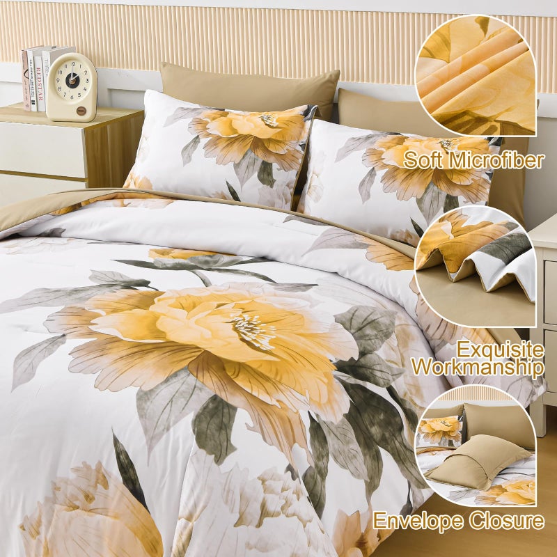 Dobuyly Yellow Comforter Set Queen Size 7 Piece Bed in a Bag, Yellow Floral Comforter Set with Sheets, Soft Microfiber Botanical Complete Bedding Set for All Season - Image 3