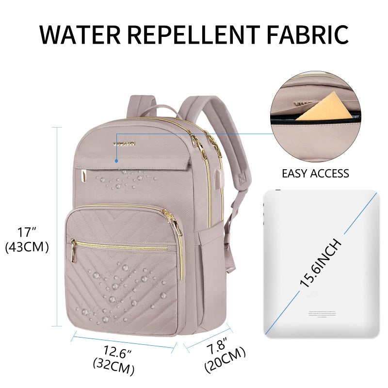 VANKEAN Laptop Backpack for Women with USB Port,15.6 Inch Laptop Computer Bag Travel Backpack Purse,Waterproof Work Business Backpack College Teacher Bags, Light Dusty Pink - Image 2