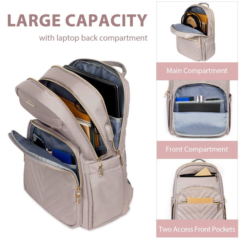 VANKEAN Laptop Backpack for Women with USB Port,15.6 Inch Laptop Computer Bag Travel Backpack Purse,Waterproof Work Business Backpack College Teacher Bags, Light Dusty Pink - Image 5