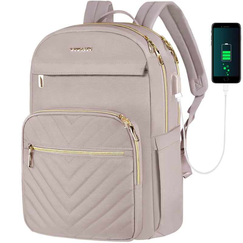 VANKEAN Laptop Backpack for Women with USB Port,15.6 Inch Laptop Computer Bag Travel Backpack Purse,Waterproof Work Business Backpack College Teacher Bags, Light Dusty Pink - Image 1