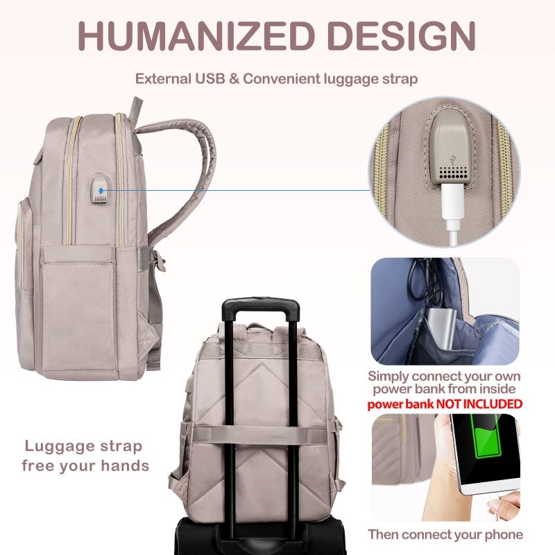 VANKEAN Laptop Backpack for Women with USB Port,15.6 Inch Laptop Computer Bag Travel Backpack Purse,Waterproof Work Business Backpack College Teacher Bags, Light Dusty Pink - Image 3