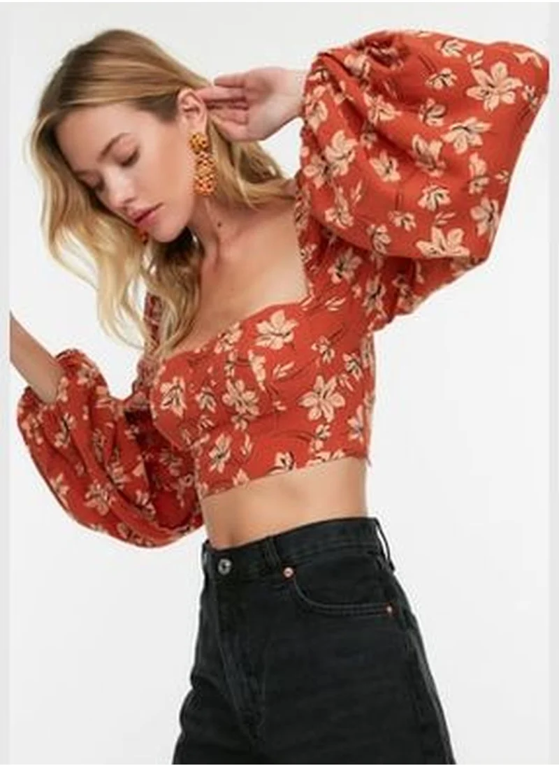 trendyol Floral Patterned Blouse with Balloon Sleeves