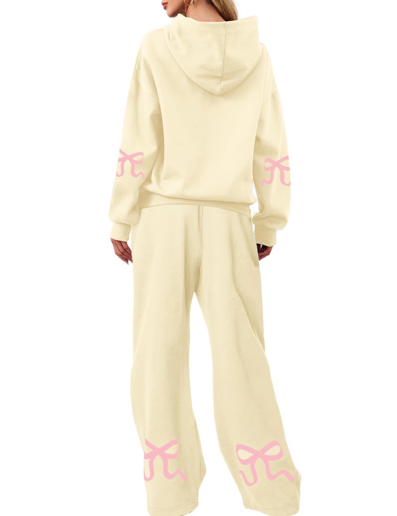 Livtany Women's 2 Piece Outfits Bow Trim Print Hoodie Sweatsuit Sets Oversized Sweatshirt Wide Leg Sweatpants With Pockets - Image 1