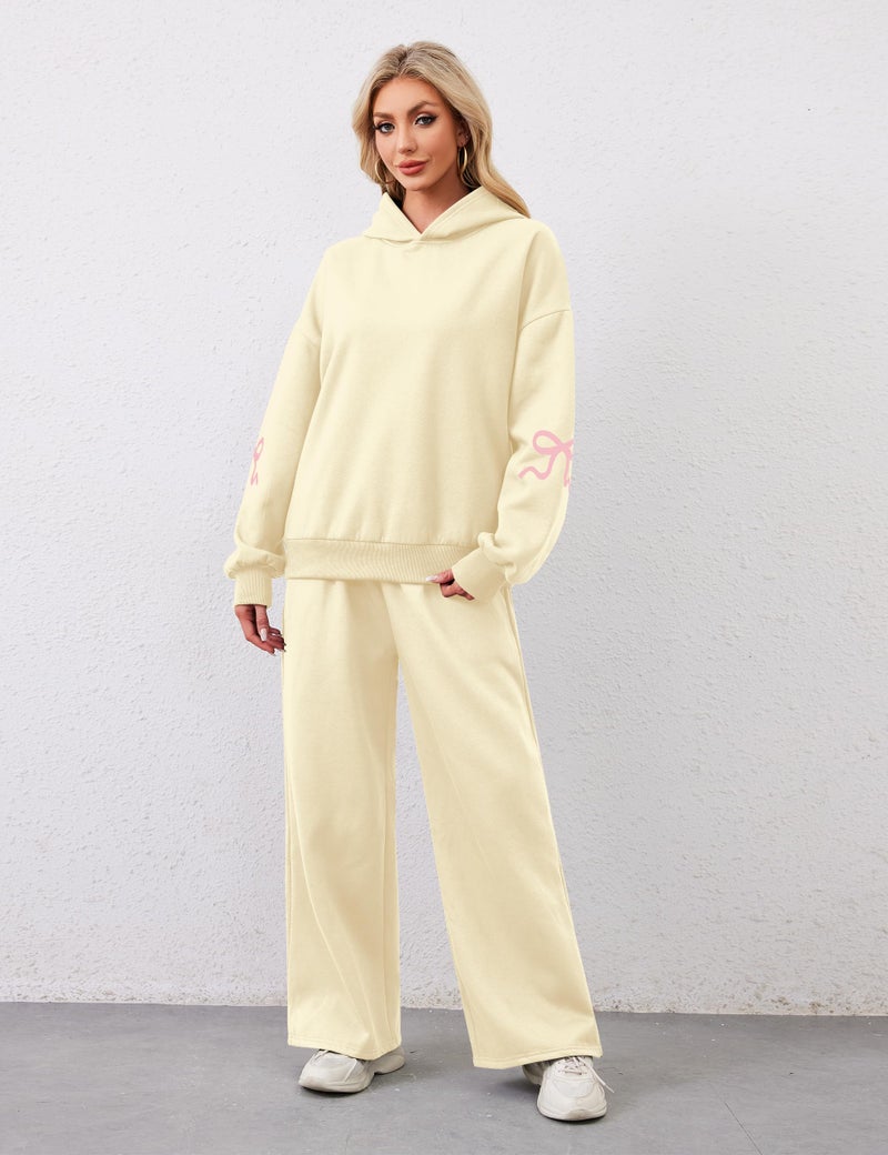 Livtany Women's 2 Piece Outfits Bow Trim Print Hoodie Sweatsuit Sets Oversized Sweatshirt Wide Leg Sweatpants With Pockets - Image 2