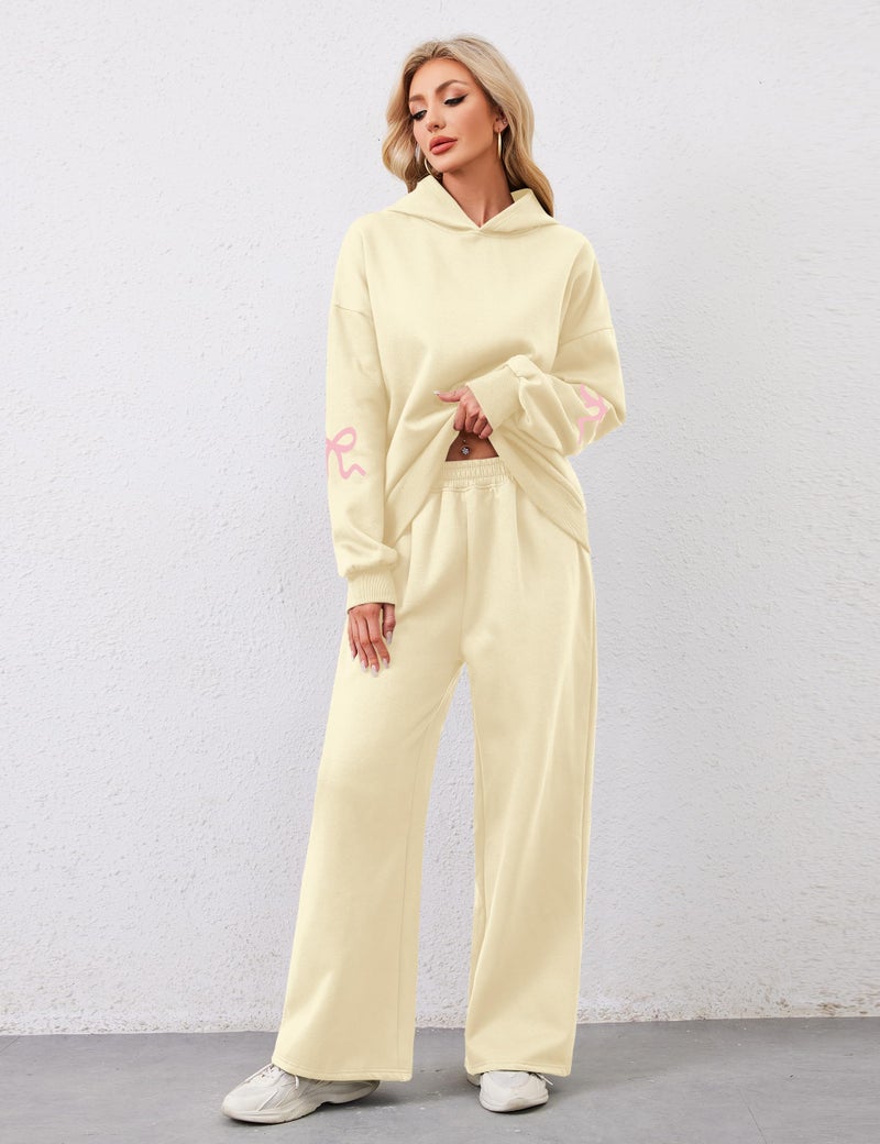 Livtany Women's 2 Piece Outfits Bow Trim Print Hoodie Sweatsuit Sets Oversized Sweatshirt Wide Leg Sweatpants With Pockets - Image 3