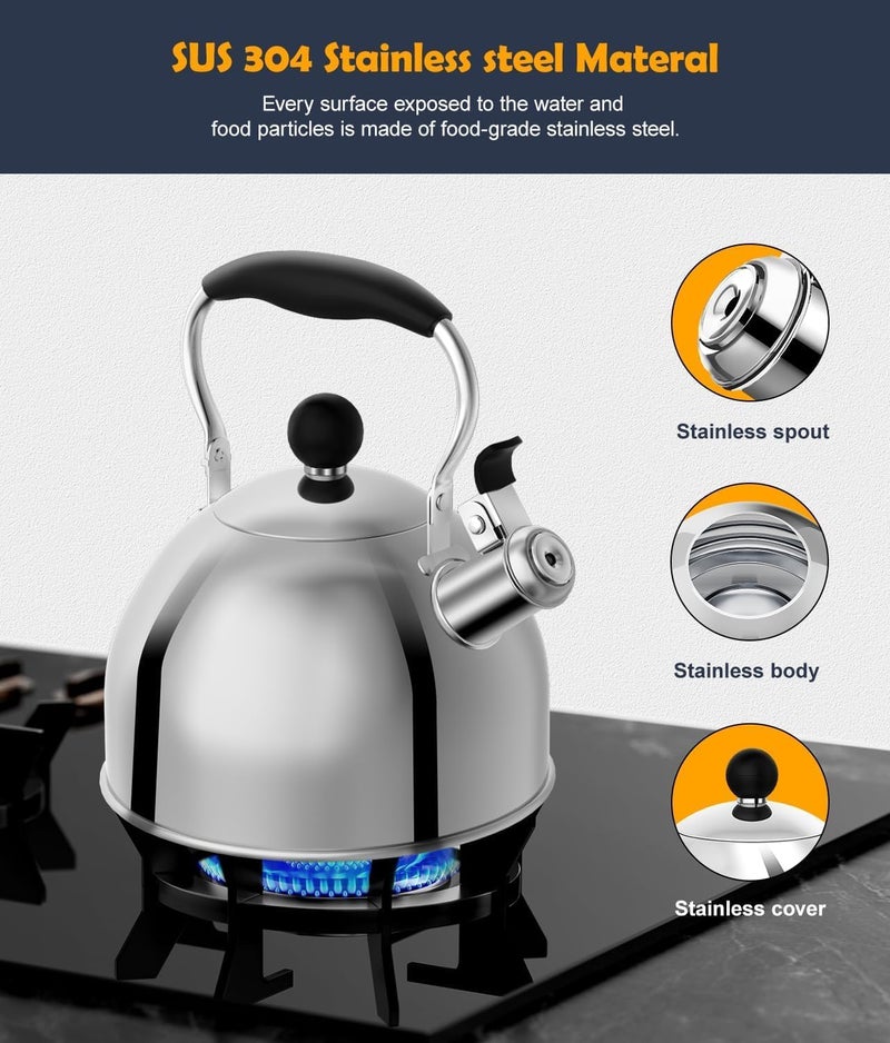 AMFOCUS Tea Kettle, 2 Quart Stainless Steel Whistling Tea Kettle, Stovetop Whistling Teakettle Tea Pots for Stove Top with Ergonomic Folding Handle, Small Teapot, Water boiler for Tea, Coffee (Silver) - Image 3