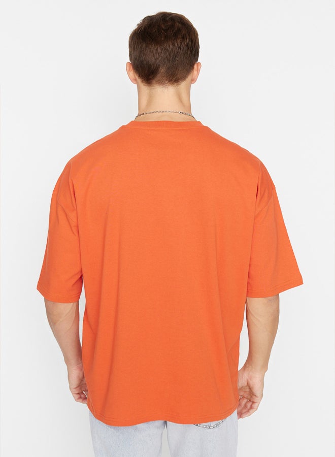 trendyol Orange Basic 100% Cotton Crew Neck Oversize/Wide Cut Short Sleeve T-Shirt - Image 2