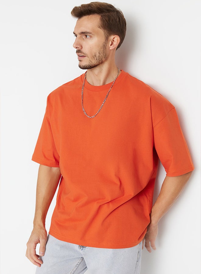 trendyol Orange Basic 100% Cotton Crew Neck Oversize/Wide Cut Short Sleeve T-Shirt - Image 3