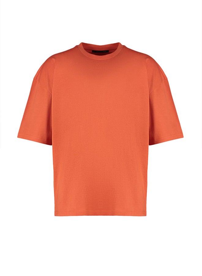 trendyol Orange Basic 100% Cotton Crew Neck Oversize/Wide Cut Short Sleeve T-Shirt - Image 5