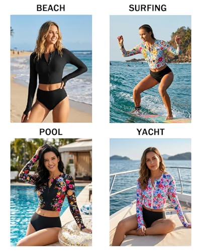 WOWENY Cropped Rash Guard Shirts for Women Long Sleeve with Thumb Holes UPF50+ Surfing Swimsuit Top No Bottom(Full Zip Up Black, M) - Image 5
