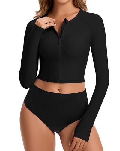 WOWENY Cropped Rash Guard Shirts for Women Long Sleeve with Thumb Holes UPF50+ Surfing Swimsuit Top No Bottom(Full Zip Up Black, M) - Image 1