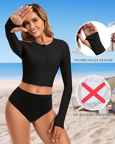 WOWENY Cropped Rash Guard Shirts for Women Long Sleeve with Thumb Holes UPF50+ Surfing Swimsuit Top No Bottom(Full Zip Up Black, M) - Image 3