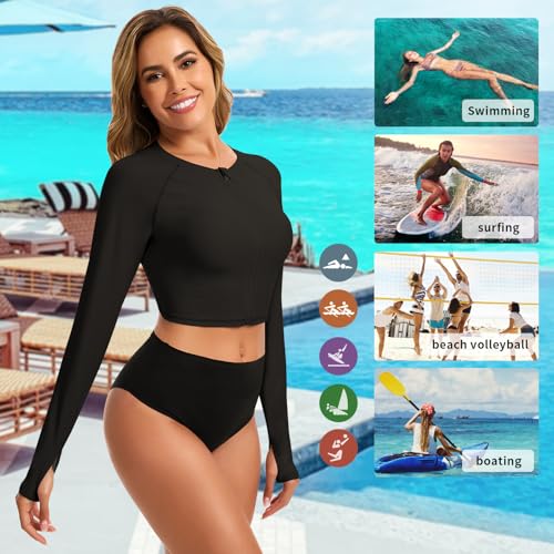WOWENY Cropped Rash Guard Shirts for Women Long Sleeve with Thumb Holes UPF50+ Surfing Swimsuit Top No Bottom(Full Zip Up Black, M) - Image 4