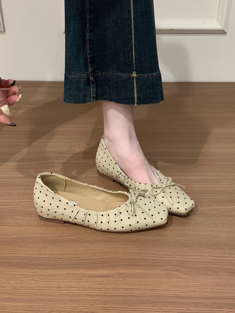 Women's Sheepskin Bow Ballet Flats with Hidden Wedge Heel - 2026 New Arrival Polka Dot Elegant Shoes