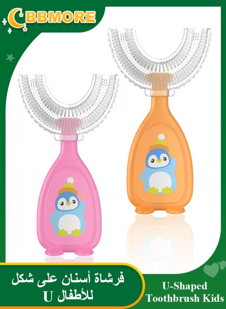 BBMORE 2 Pack U Shaped Toothbrush for Kids, 360° Oral Teeth Cleaning Design, Toddler Toothbrush with Food Grade Soft Silicone Brush Head, Manual Whole Mouth Tooth Brush for Kids Age 2-6(Pink+Orange) - Image 1