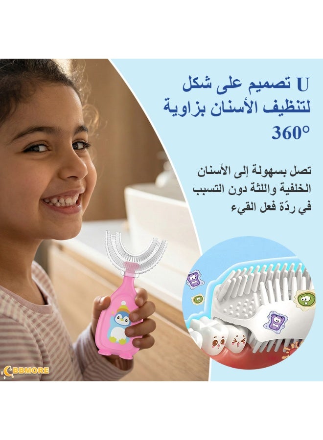 BBMORE 2 Pack U Shaped Toothbrush for Kids, 360° Oral Teeth Cleaning Design, Toddler Toothbrush with Food Grade Soft Silicone Brush Head, Manual Whole Mouth Tooth Brush for Kids Age 2-6(Pink+Orange) - Image 3