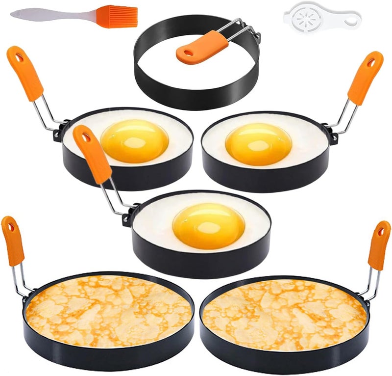 WOWITIS 6 Packs Professional Egg Ring Pancake Ring Set,Non-Stick Stainless Steel 6" Pancake Mold Pancake Shapers 4" & 3.5" Cooking Ring with Silicone Handle for Griddle Frying Egg Breakfast (6" 4" 3.5"） - Image 1