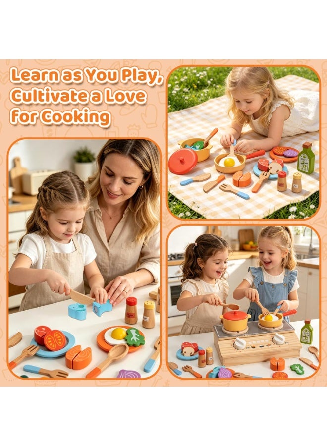 ALAMAREQ Wooden Kitchen Toys Pots and Pans Playset with Storage Stove for Kids 23Pcs Pretend Play Cooking Set with Cuttable Food, Realistic Accessories, Fine Motor Skills Toy Gift for Girls Boys Ages 3-6ys Ages - Image 5