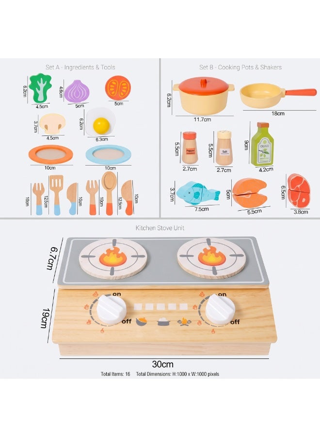 ALAMAREQ Wooden Kitchen Toys Pots and Pans Playset with Storage Stove for Kids 23Pcs Pretend Play Cooking Set with Cuttable Food, Realistic Accessories, Fine Motor Skills Toy Gift for Girls Boys Ages 3-6ys Ages - Image 3