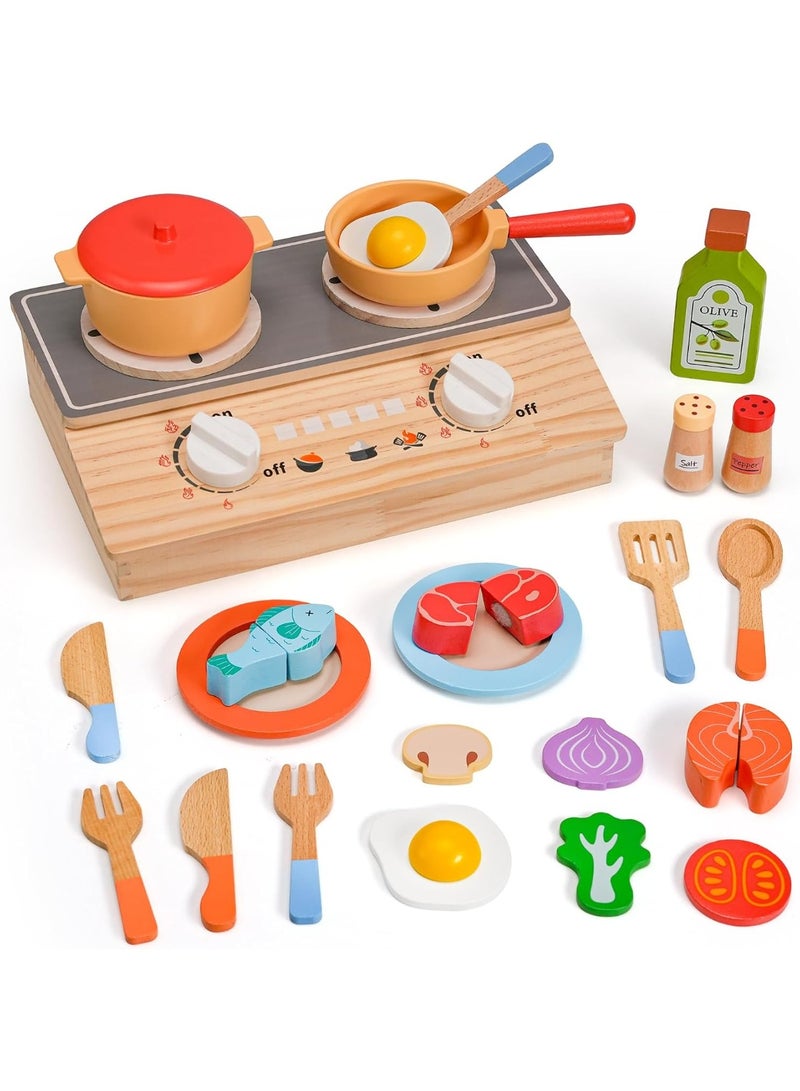 ALAMAREQ Wooden Kitchen Toys Pots and Pans Playset with Storage Stove for Kids 23Pcs Pretend Play Cooking Set with Cuttable Food, Realistic Accessories, Fine Motor Skills Toy Gift for Girls Boys Ages 3-6ys Ages - Image 1
