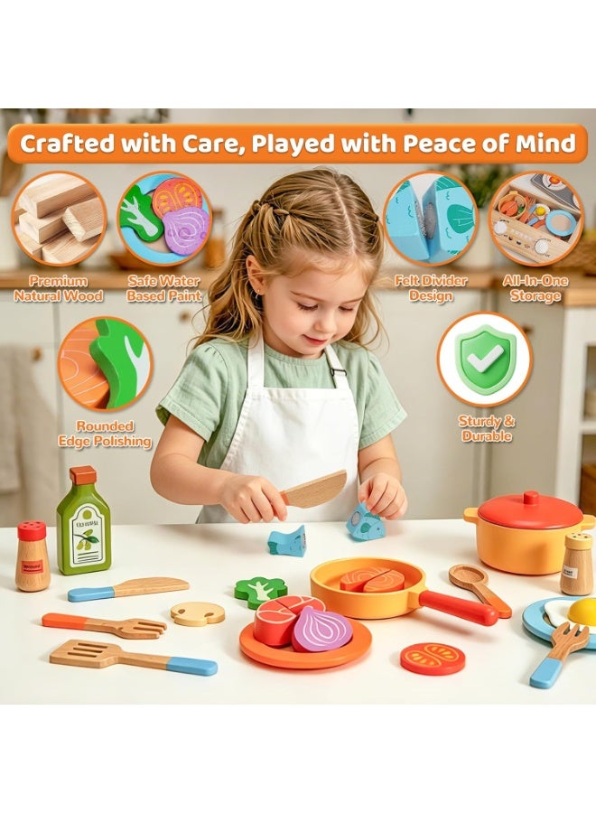 ALAMAREQ Wooden Kitchen Toys Pots and Pans Playset with Storage Stove for Kids 23Pcs Pretend Play Cooking Set with Cuttable Food, Realistic Accessories, Fine Motor Skills Toy Gift for Girls Boys Ages 3-6ys Ages - Image 2