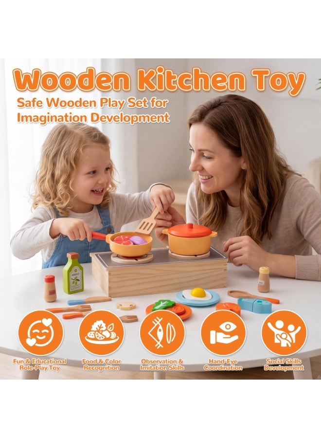 ALAMAREQ Wooden Kitchen Toys Pots and Pans Playset with Storage Stove for Kids 23Pcs Pretend Play Cooking Set with Cuttable Food, Realistic Accessories, Fine Motor Skills Toy Gift for Girls Boys Ages 3-6ys Ages - Image 4